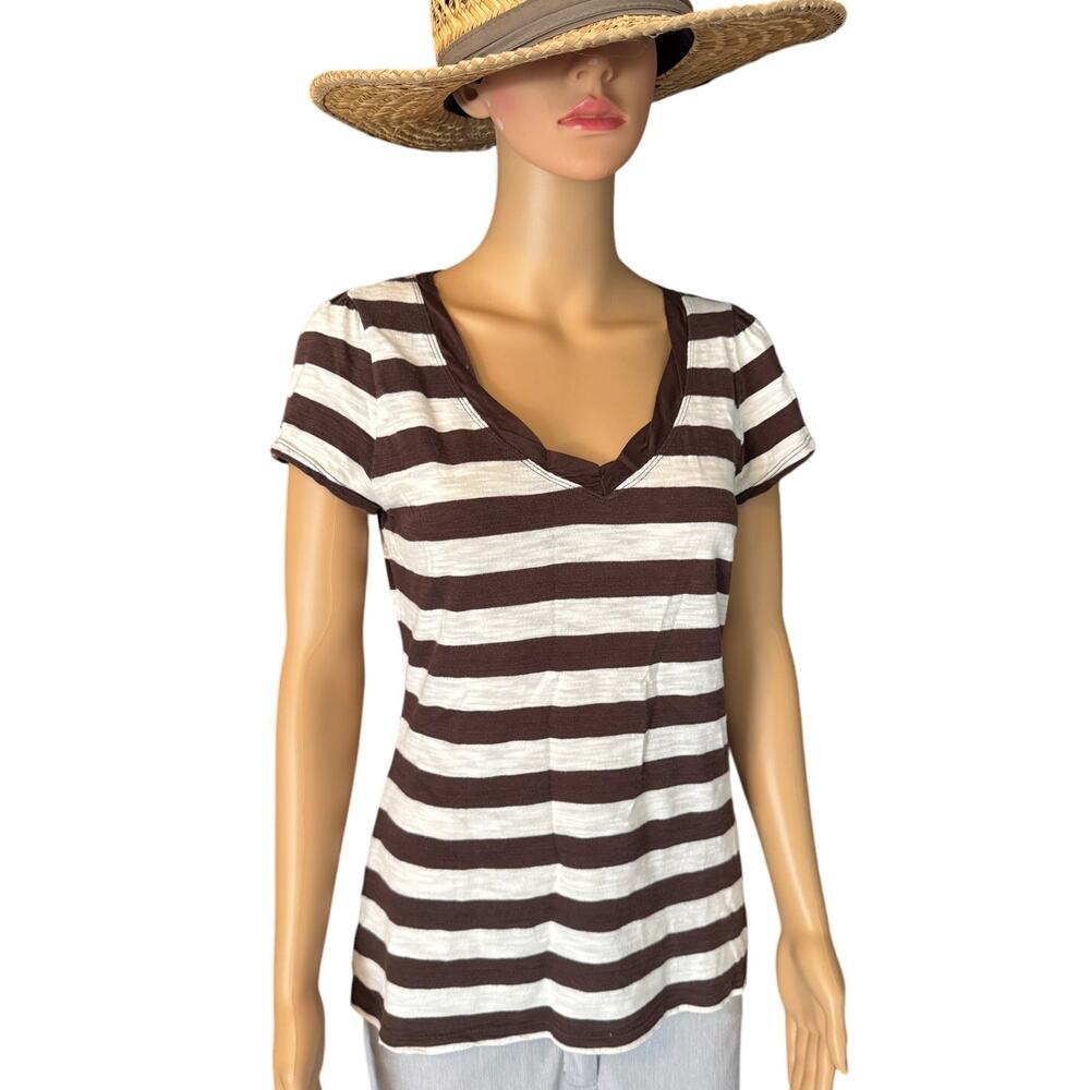 INC Brown & White Stripe Cotton Cap Sleeve Tee, Women's Size M